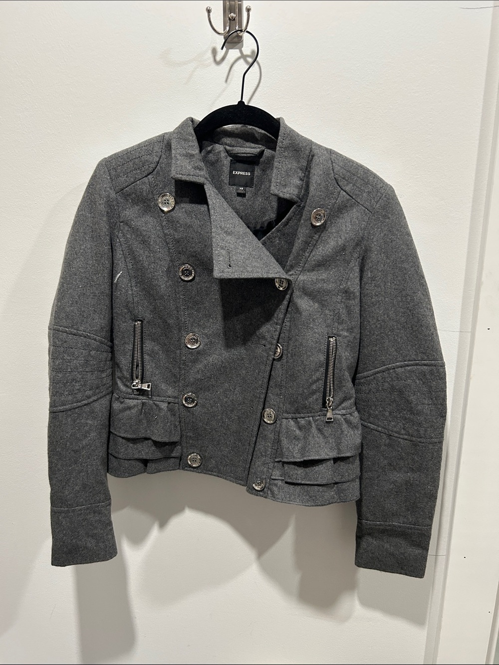 Express Gray Double-Breasted Pea Coat with Ruffle Hem